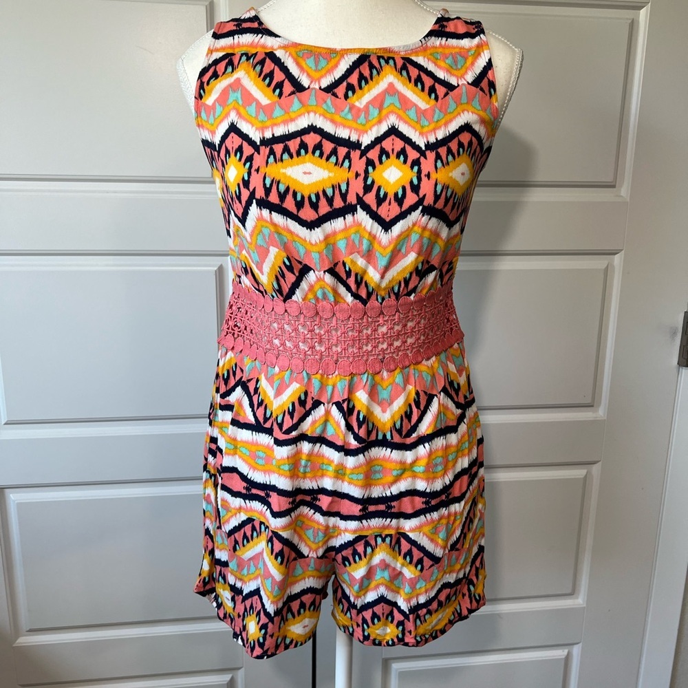 Geometric Print Romper Coral Crochet Waist Detail Sleeveless Jumpsuit XS